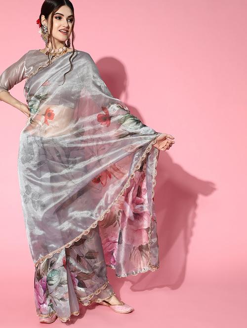 grey printed saree1 with blouse - 20213257 - Very Small Image - 1