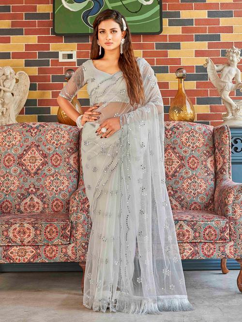net saree with faux mirror work with blouse - 20213278 - Very Small Image - 1