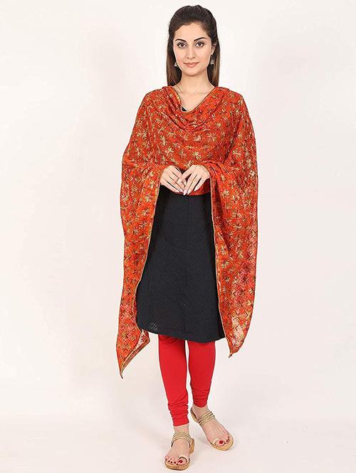 orange self designed embroidred dupatta - 20213402 - Very Small Image - 1