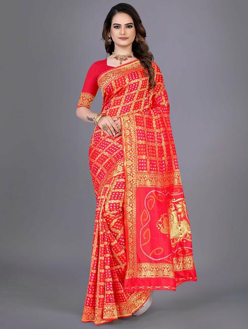red jacquard bandhani saree with blouse - 20214334 - Very Small Image - 1