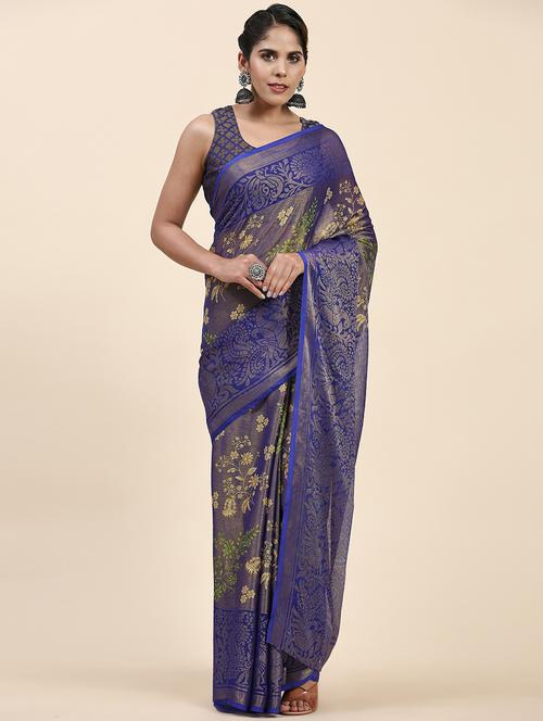 blue chiffon assam silk saree with blouse - 20214473 - Very Small Image - 1