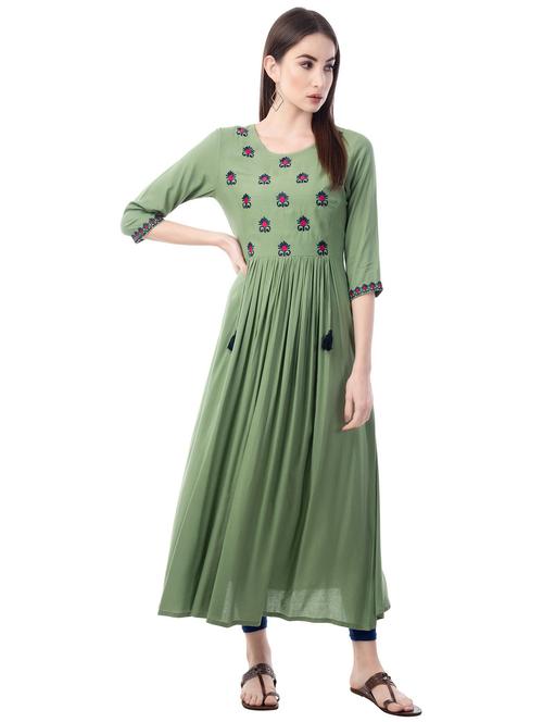 women green round neck flared kurta - 20215217 - Very Small Image - 1