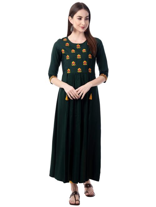 women green round neck flared kurta - 20215218 - Very Small Image - 1
