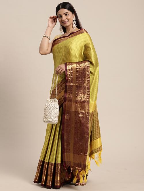 yellow self design bordered saree with blouse - 20215548 - Very Small Image - 1