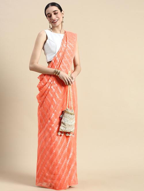 orange self design fusion saree with blouse - 20215553 - Very Small Image - 1