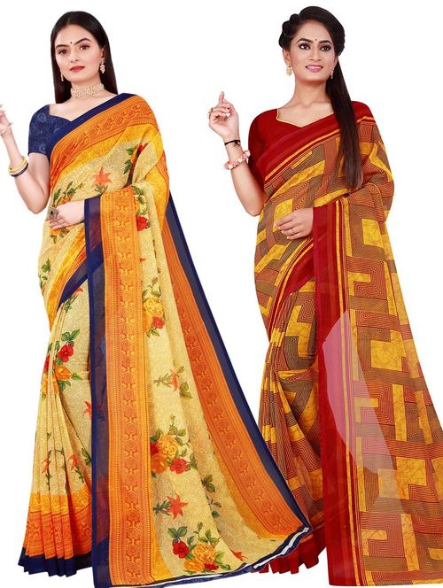 pack of 2 floral printed sarees with blouse - 20217065 - Very Small Image - 1