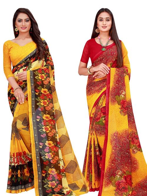 pack of 2 printed sarees with blouse - 20217657 - Very Small Image - 1