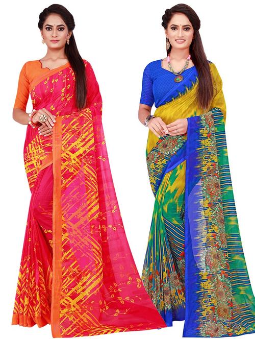 pack of 2 floral printed sarees with blouse - 20217749 - Very Small Image - 1