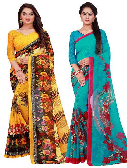 pack of 2 floral printed sarees with blouse - 20218596 - Very Small Image - 1