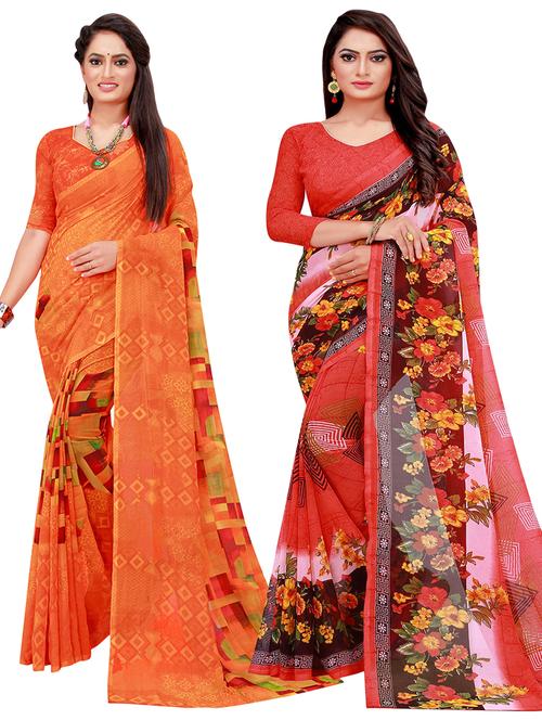 pack of 2 printed georgette saree with blouse - 20218670 - Very Small Image - 1
