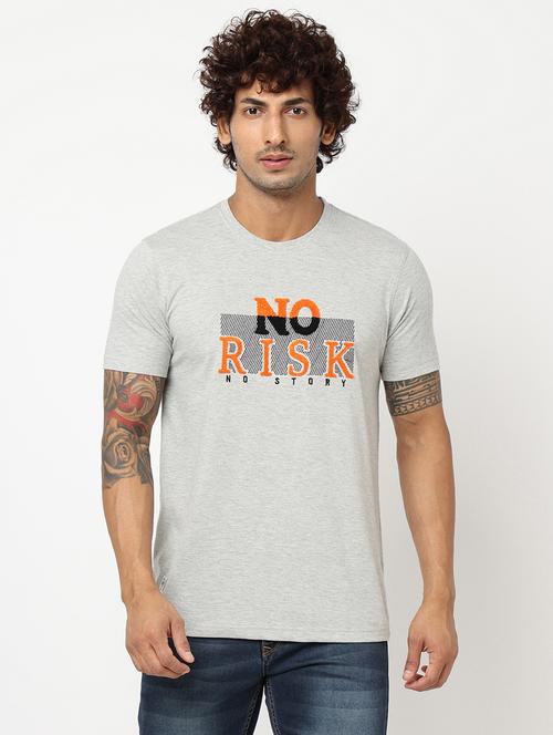 grey chest print round neck regular t-shirt - 20220740 - Very Small Image - 1