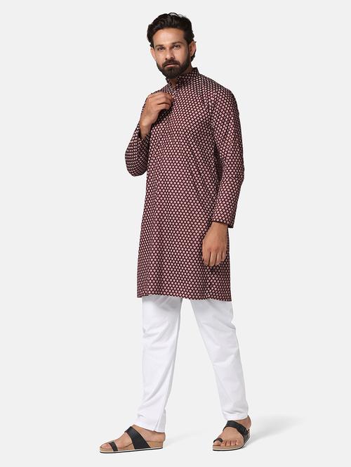 men maroon printed cotton kurta pyjama ethnic wear set - 20220917 - Very Small Image - 1
