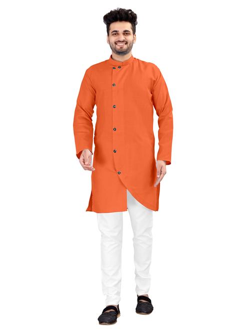 men orange cotton long kurta - 20221361 - Very Small Image - 1