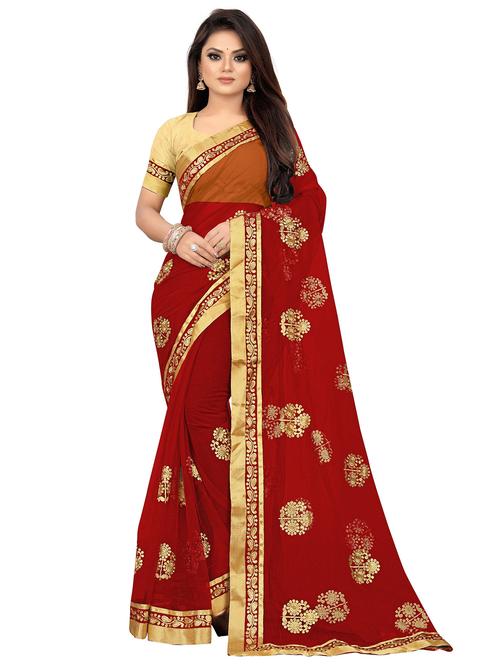women's foil print red colored saree with blouse - 20223563 - Very Small Image - 1
