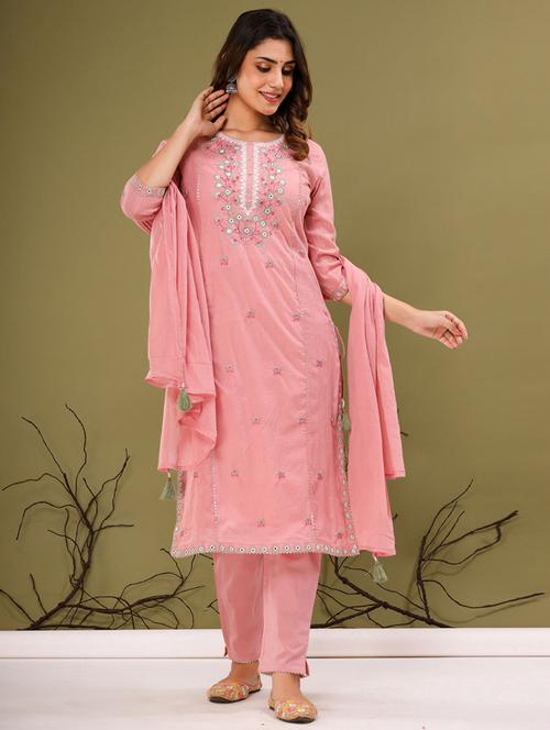 embroidered kurta with thread & sequence work with bottom & dupatta - 20223793 - Very Small Image - 1