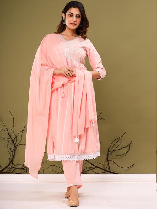 peach v neck kurta pant set with dupatta - 20223805 - Very Small Image - 1