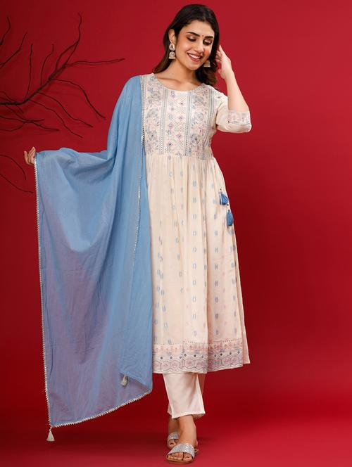cream round neck kurta pant set with dupatta - 20223810 - Very Small Image - 1