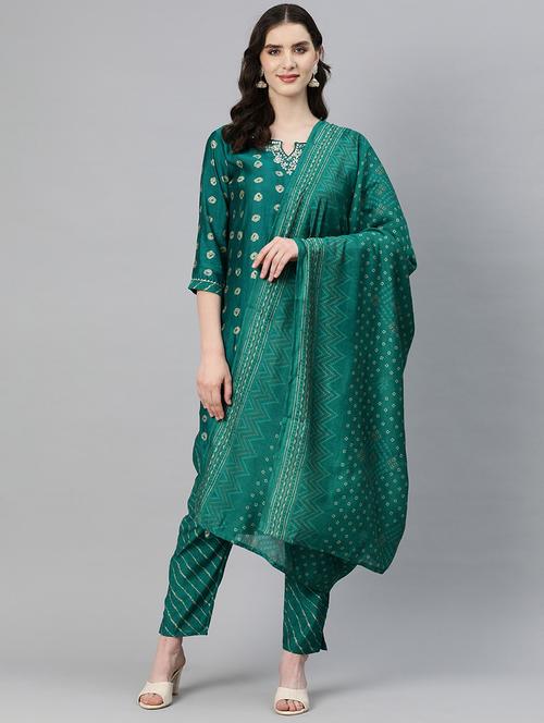 green notch neck kurta pant set with dupatta - 20223867 - Very Small Image - 1