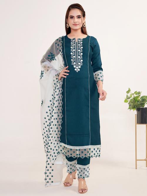 women teal kurta pant set with dupatta - 20223950 - Very Small Image - 1