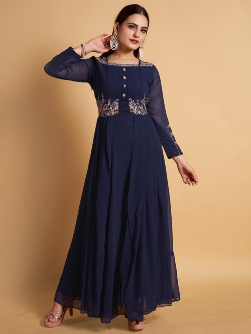 navy blue embroidered layered kurta - 20224390 - Very Small Image - 1