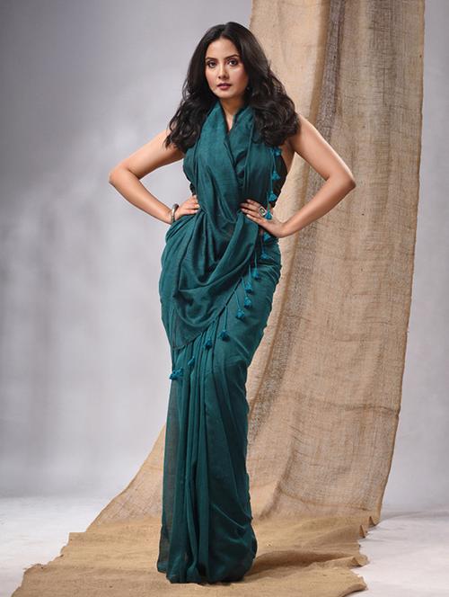 teal green plain saree with tassels - 20225325 - Very Small Image - 1