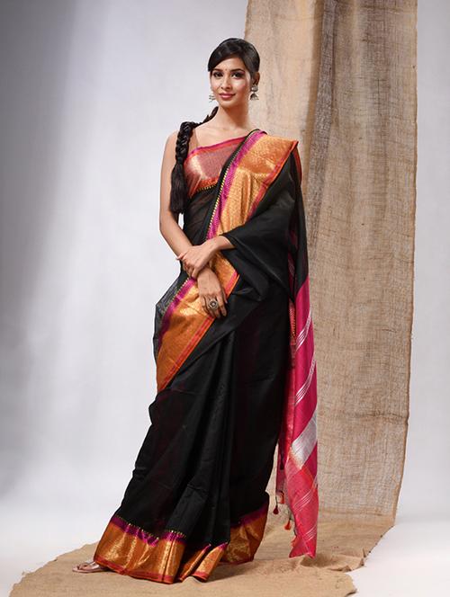 women's bordered black colored saree with blouse - 20225334 - Very Small Image - 1