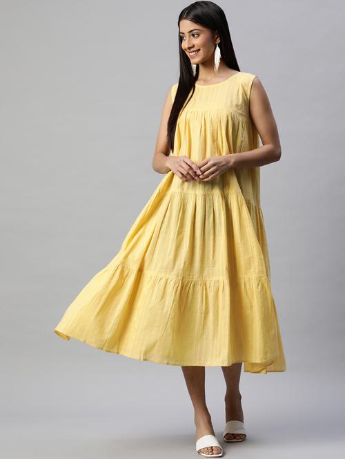 yellow solids round neck tiered dress - 20225499 - Very Small Image - 1