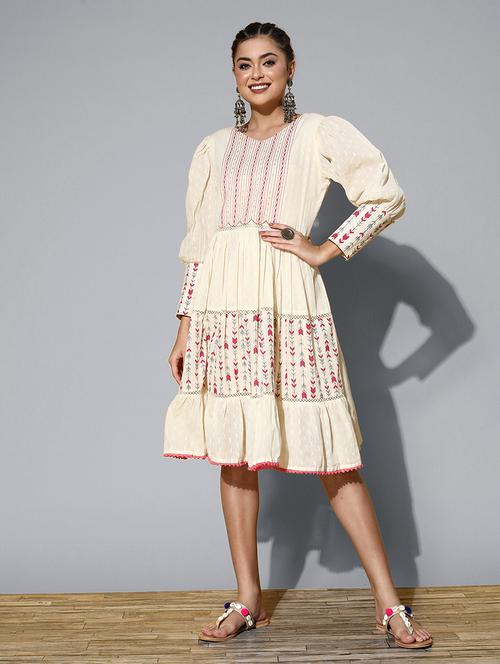 cream v neck embroidered a-line dress - 20225502 - Very Small Image - 1