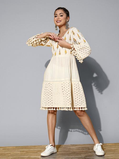 craem v neck a-line dress - 20225504 - Very Small Image - 1