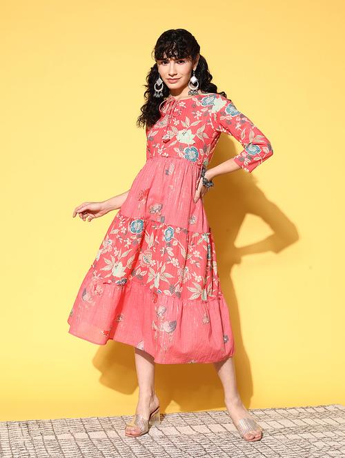 pink florals printed tiered dress - 20225508 - Very Small Image - 1