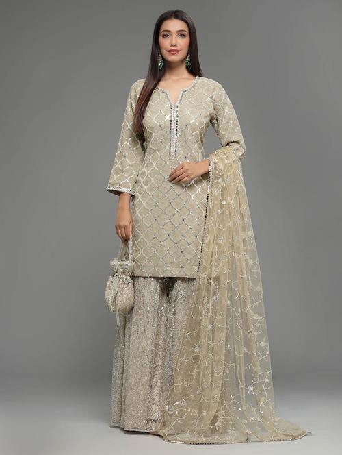 beige colored kurta sharara set - 20225682 - Very Small Image - 1