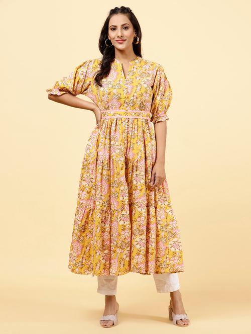 yellow colored flared kurta - 20225906 - Very Small Image - 1