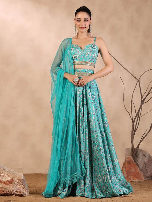 turquoise colored flared lehenga - 20225950 - Very Small Image - 1