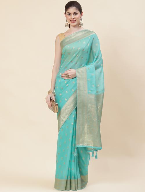 turquoise zari work banarasi saree with blouse - 20226035 - Very Small Image - 1