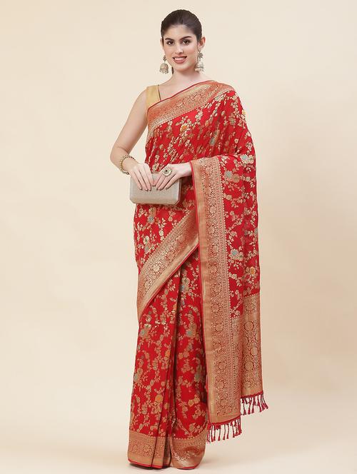 red zari work banarasi saree with blouse - 20226052 - Very Small Image - 1