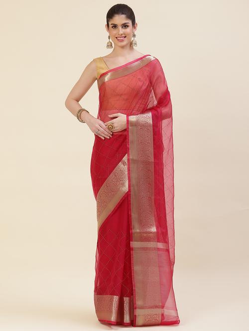 red zari bordered saree with blouse - 20226072 - Very Small Image - 1
