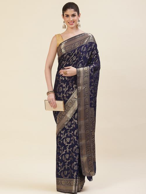 blue zari bordered banarasi saree with blouse - 20226077 - Very Small Image - 1