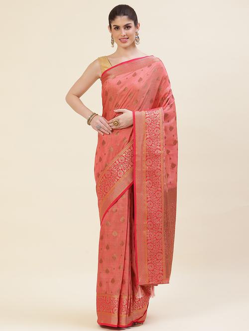 peach colored handloom saree with blouse - 20226099 - Very Small Image - 1
