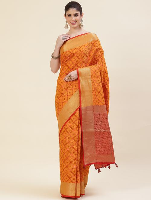 orange colored printed saree with blouse - 20226101 - Very Small Image - 1