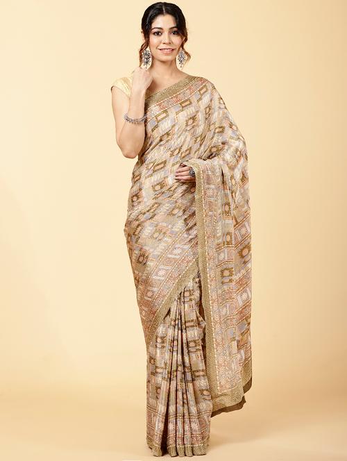 beige colored printed saree with blouse - 20226123 - Very Small Image - 1