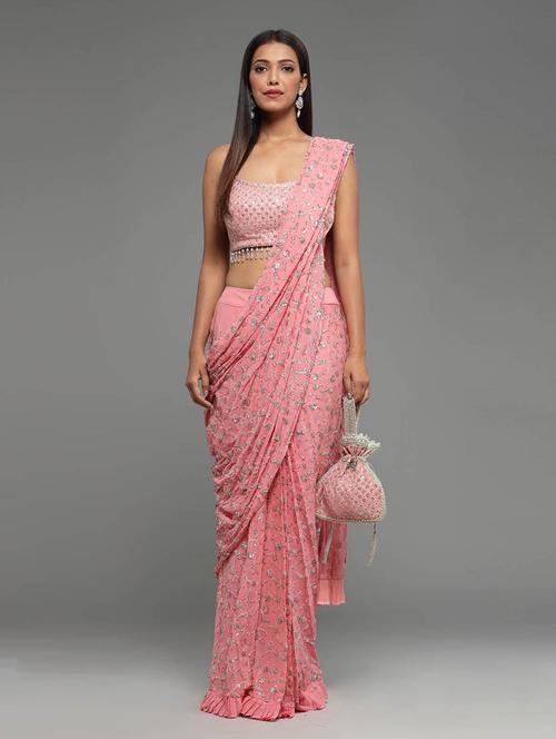 pink colored printed saree with blouse - 20226195 - Very Small Image - 1