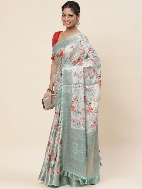 grey colored printed saree with blouse - 20226216 - Very Small Image - 1