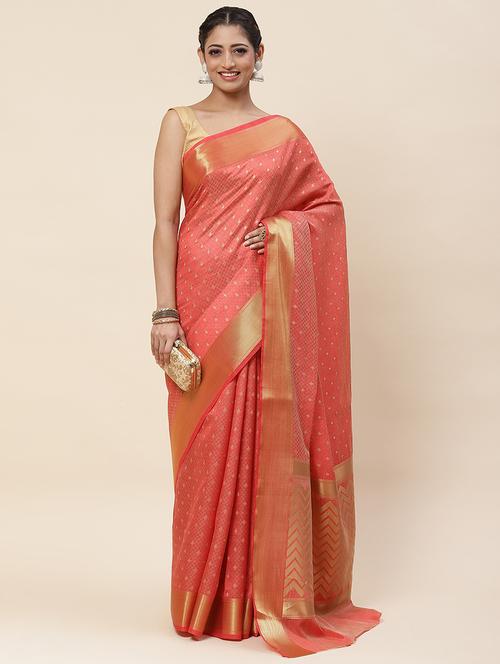 coral colored bordered saree with blouse - 20226269 - Very Small Image - 1