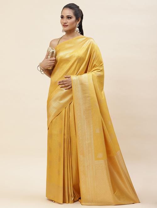 yellow colored handloom saree with blouse - 20226330 - Very Small Image - 1