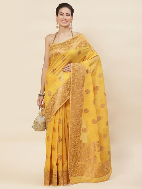 yellow colored handloom saree with blouse - 20226368 - Very Small Image - 1