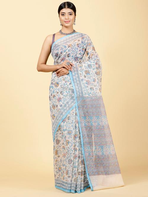 light blue colored printed saree with blouse - 20226401 - Very Small Image - 1