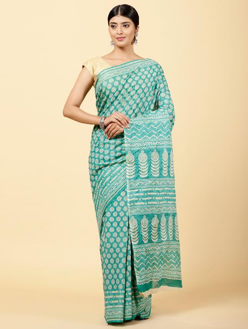 turquoise colored printed saree with blouse - 20226459 - Very Small Image - 1