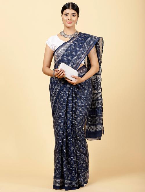 navy blue colored printed saree with blouse - 20226462 - Very Small Image - 1