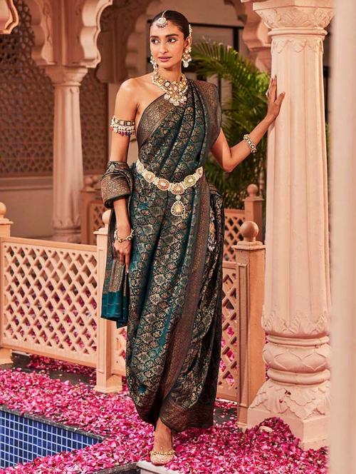 teal colored banarasi saree with blouse - 20226479 - Very Small Image - 1
