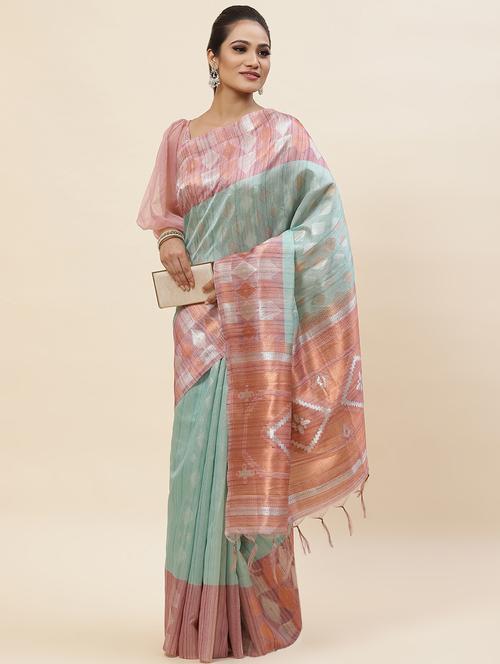 women green handloom oraganza saree with blouse - 20226588 - Very Small Image - 1